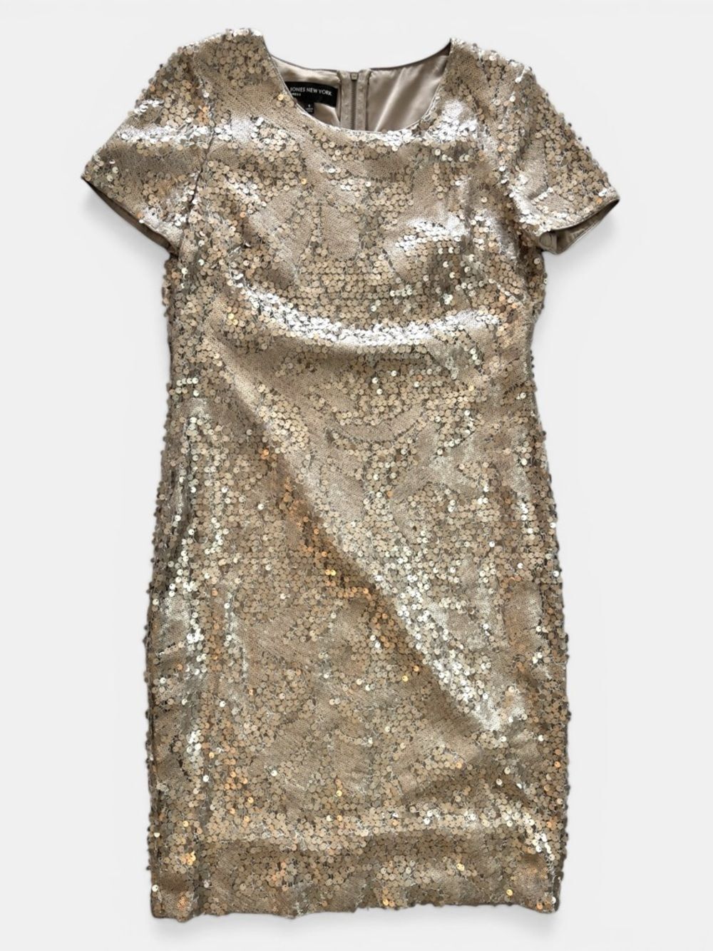 Jones New York Gold Sequin Dress Size 6 Cocktail Party Holiday Glam Midi